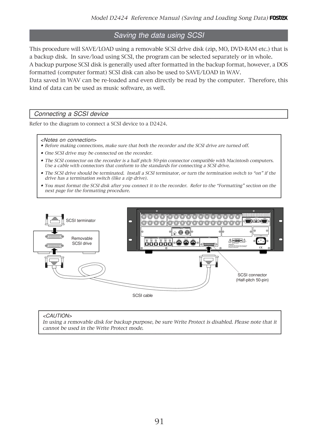 Fostex D2424 manual Saving the data using Scsi, Connecting a Scsi device, Scsi terminator Removable Scsi drive 