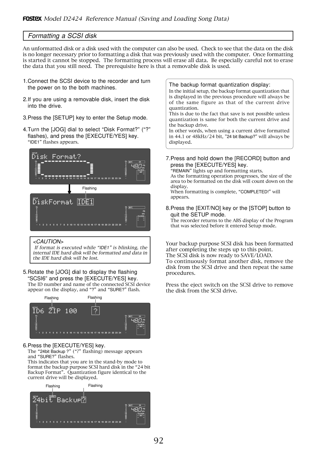 Fostex D2424 manual Formatting a Scsi disk, Backup format quantization display 