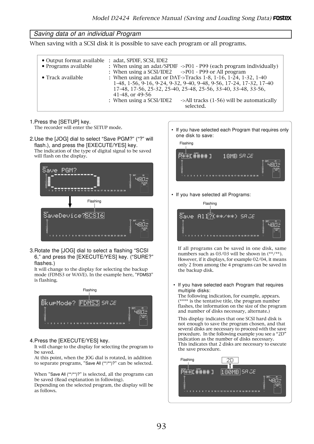 Fostex D2424 manual Saving data of an individual Program, If you have selected all Programs 