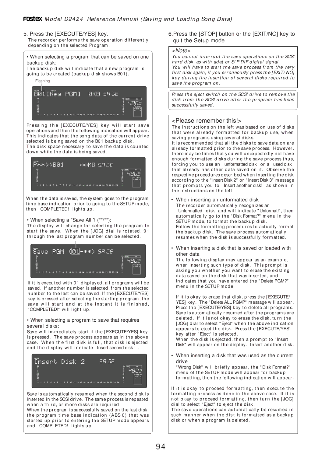 Fostex D2424 manual Please remember this, When selecting a Save All ?, When inserting an unformatted disk 