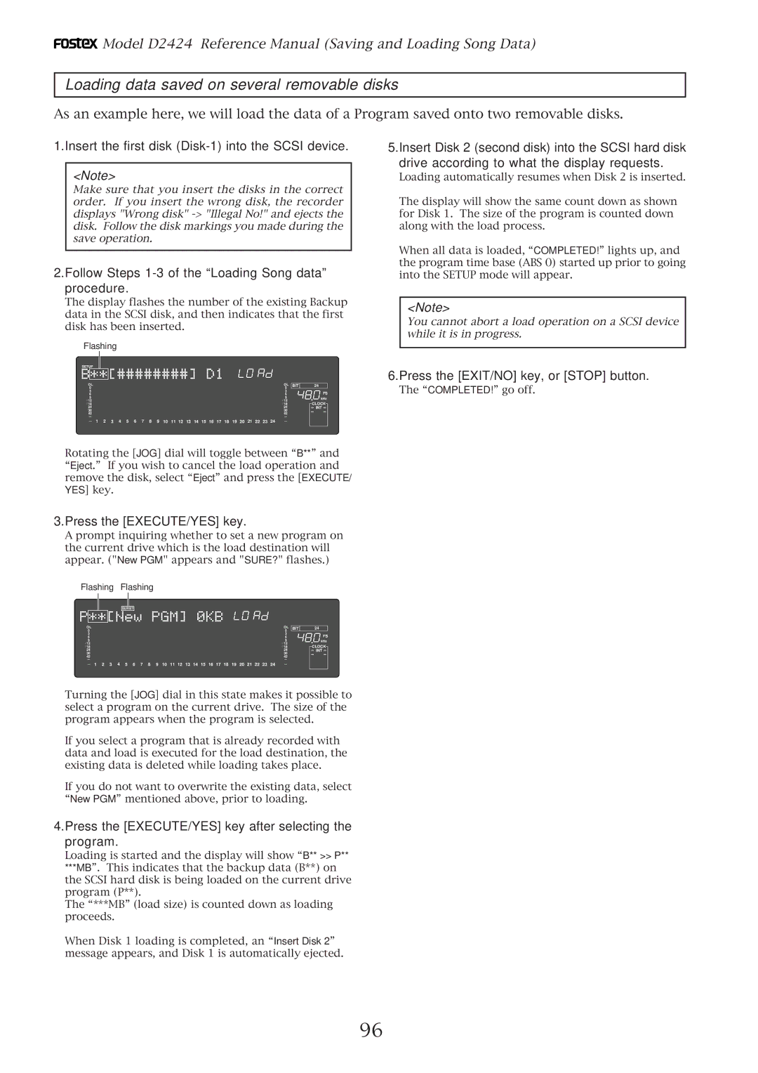 Fostex D2424 manual Loading data saved on several removable disks, Insert the first disk Disk-1 into the Scsi device 