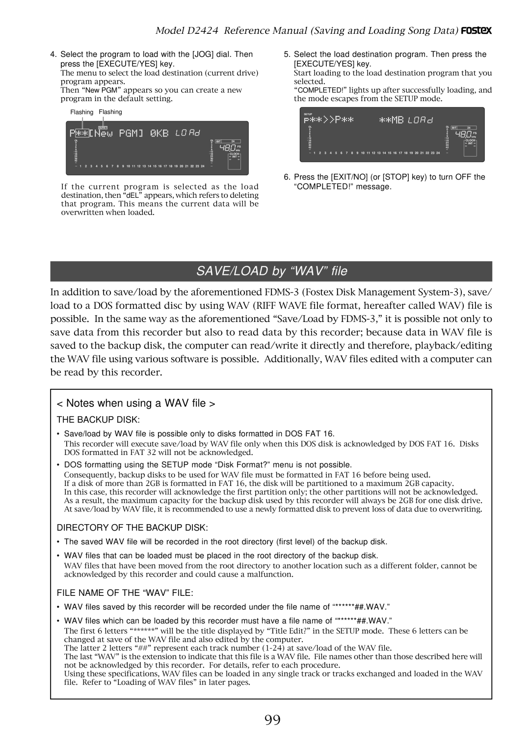 Fostex D2424 manual SAVE/LOAD by WAV file, Backup Disk 