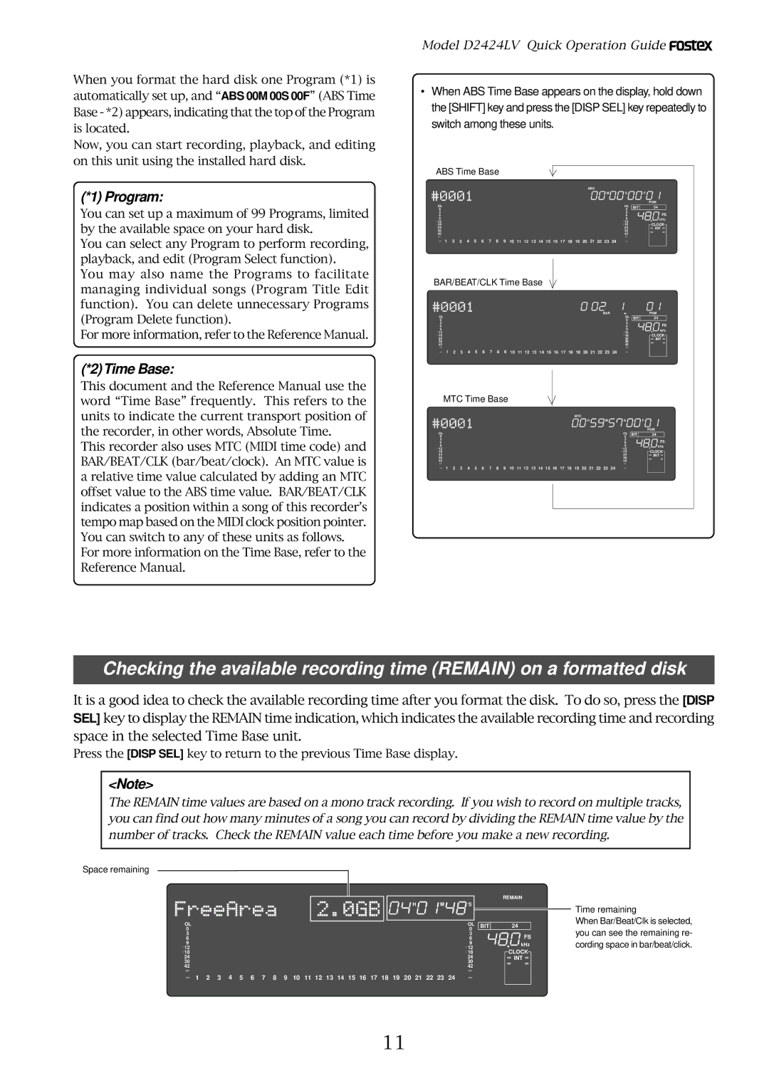 Fostex D2424LV manual Program, Time Base 