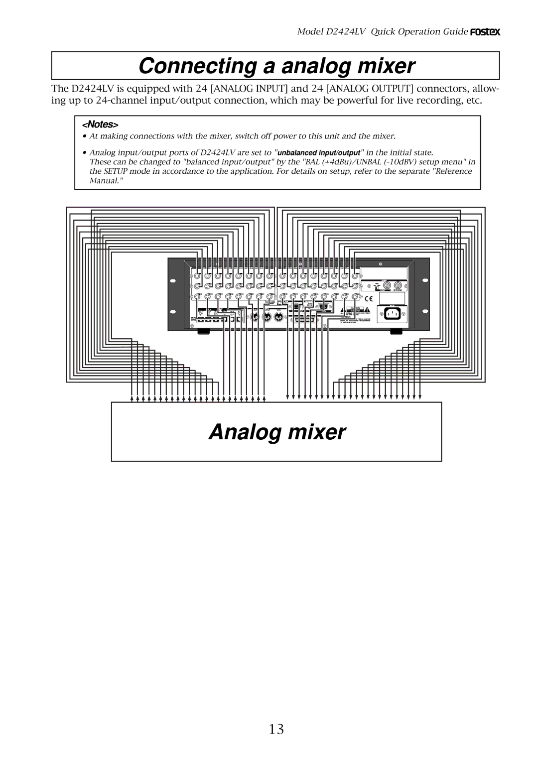 Fostex D2424LV manual Connecting a analog mixer, Analog mixer 