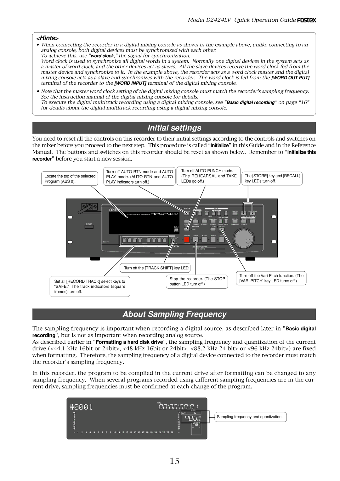 Fostex D2424LV manual Initial settings, About Sampling Frequency, Hints 