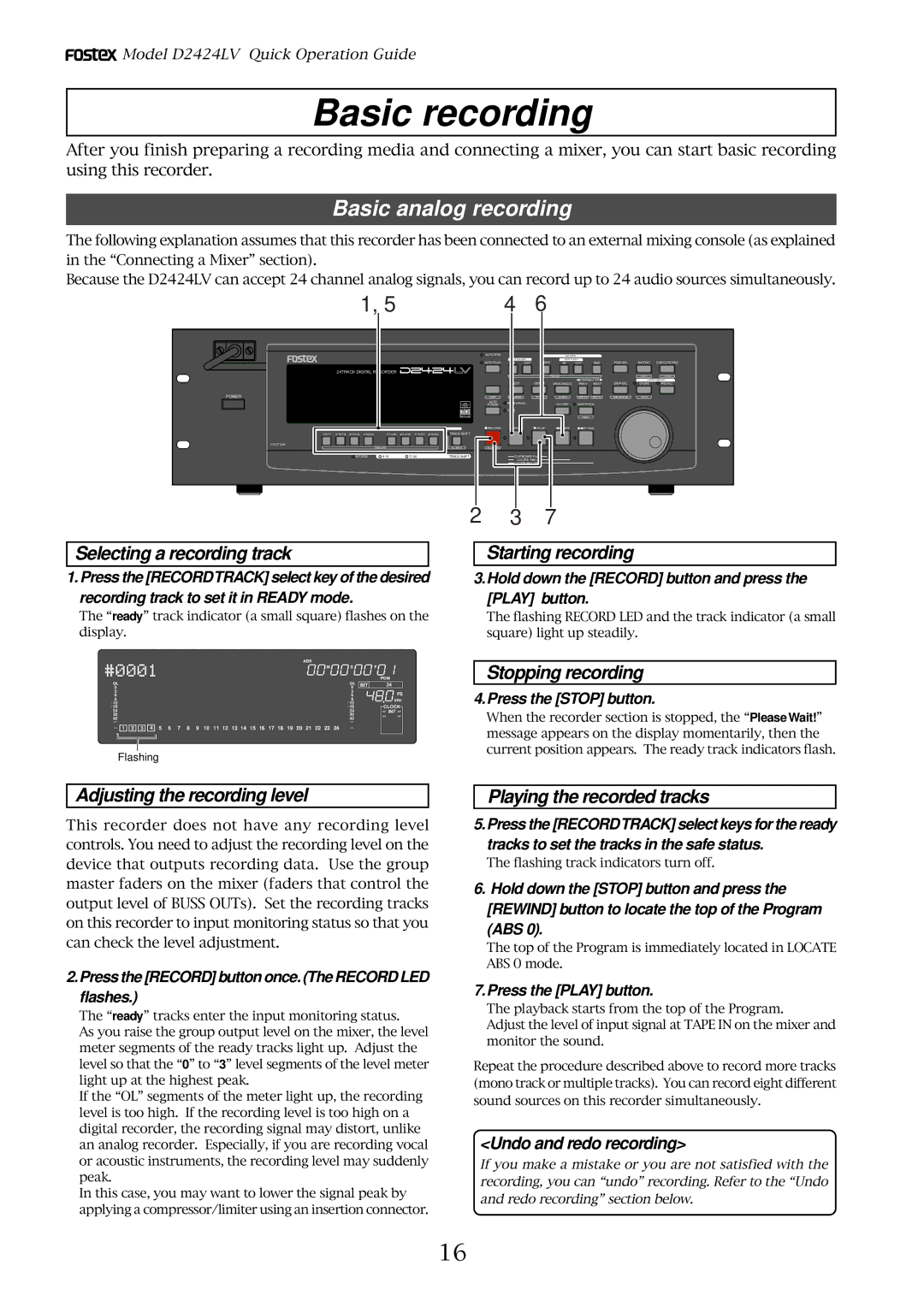 Fostex D2424LV manual Basic recording, Basic analog recording, Stopping recording, Adjusting the recording level 