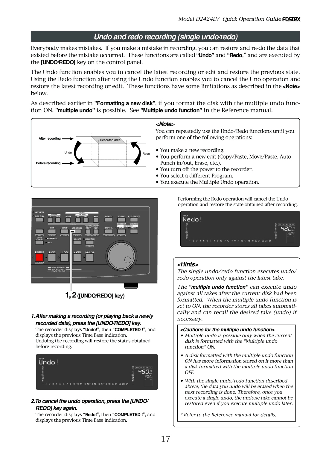 Fostex D2424LV Undo and redo recording single undo/redo, To cancel the undo operation, press the UNDO/ Redo key again 