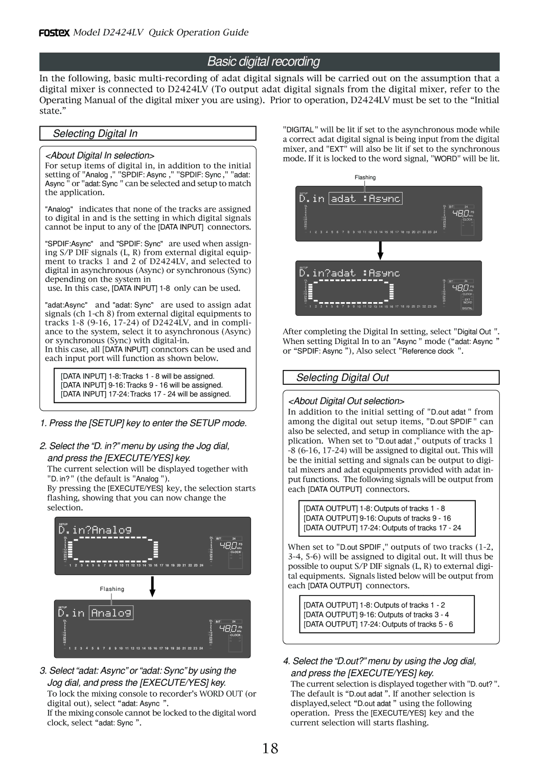 Fostex D2424LV Basic digital recording, Selecting Digital Out, About Digital In selection, About Digital Out selection 