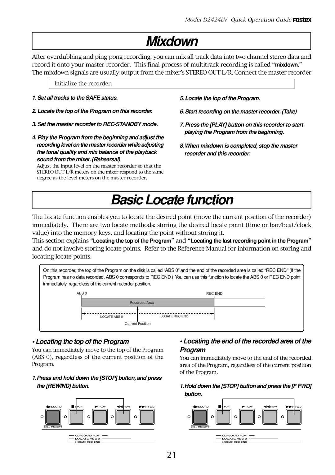 Fostex D2424LV manual Mixdown, Basic Locate function, Locating the top of the Program 