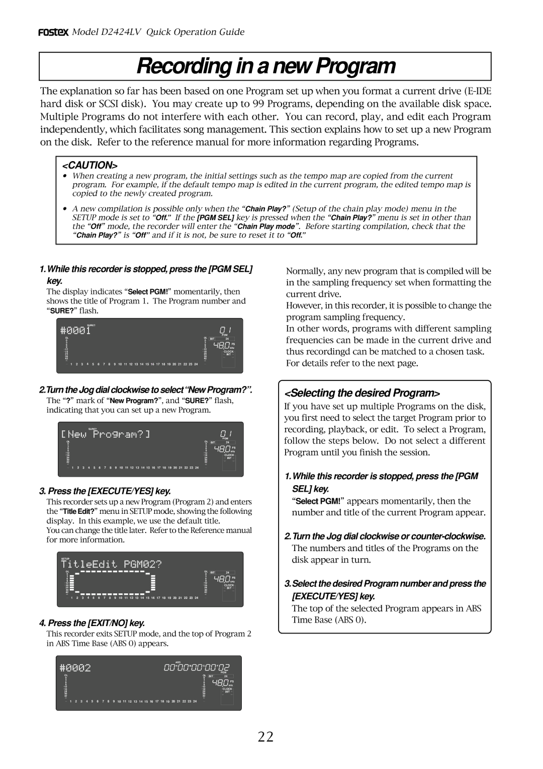 Fostex D2424LV manual Recording in a new Program, Selecting the desired Program 