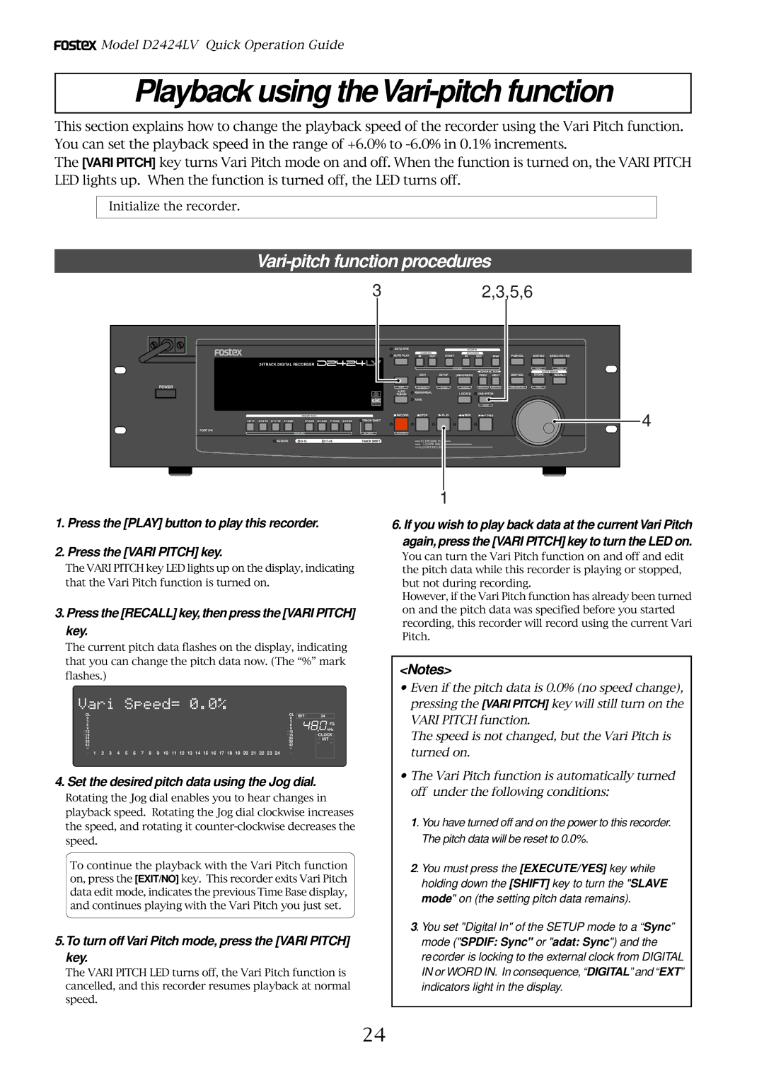 Fostex D2424LV manual Playback using theVari-pitch function, Vari-pitch function procedures 