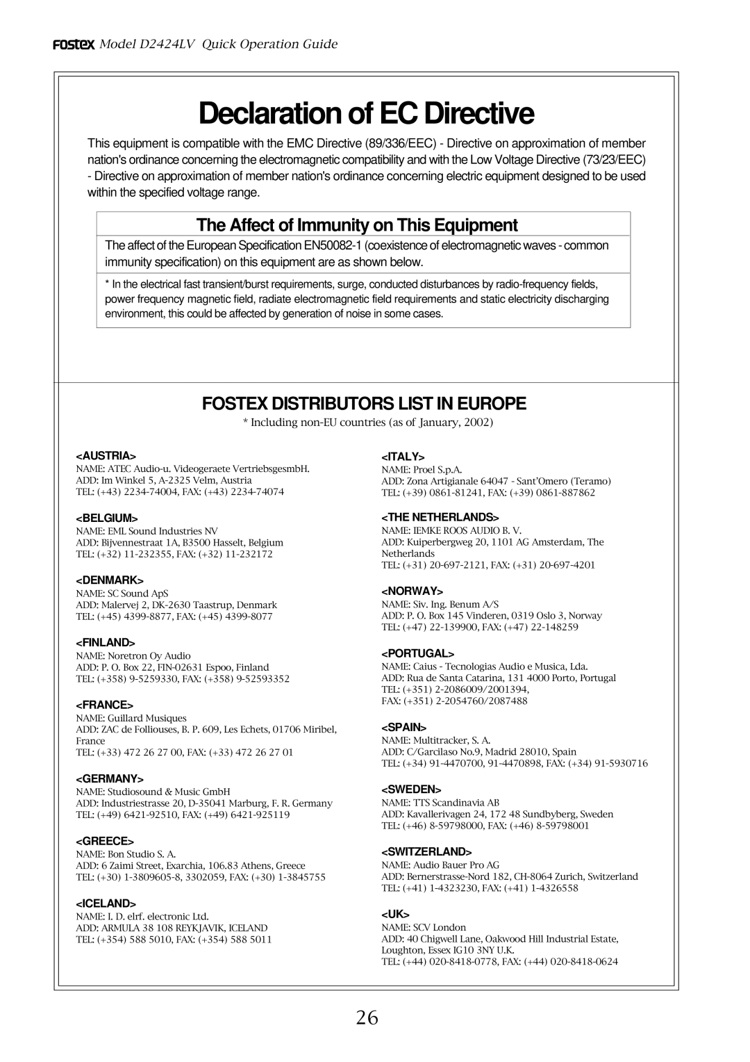 Fostex D2424LV manual Declaration of EC Directive 