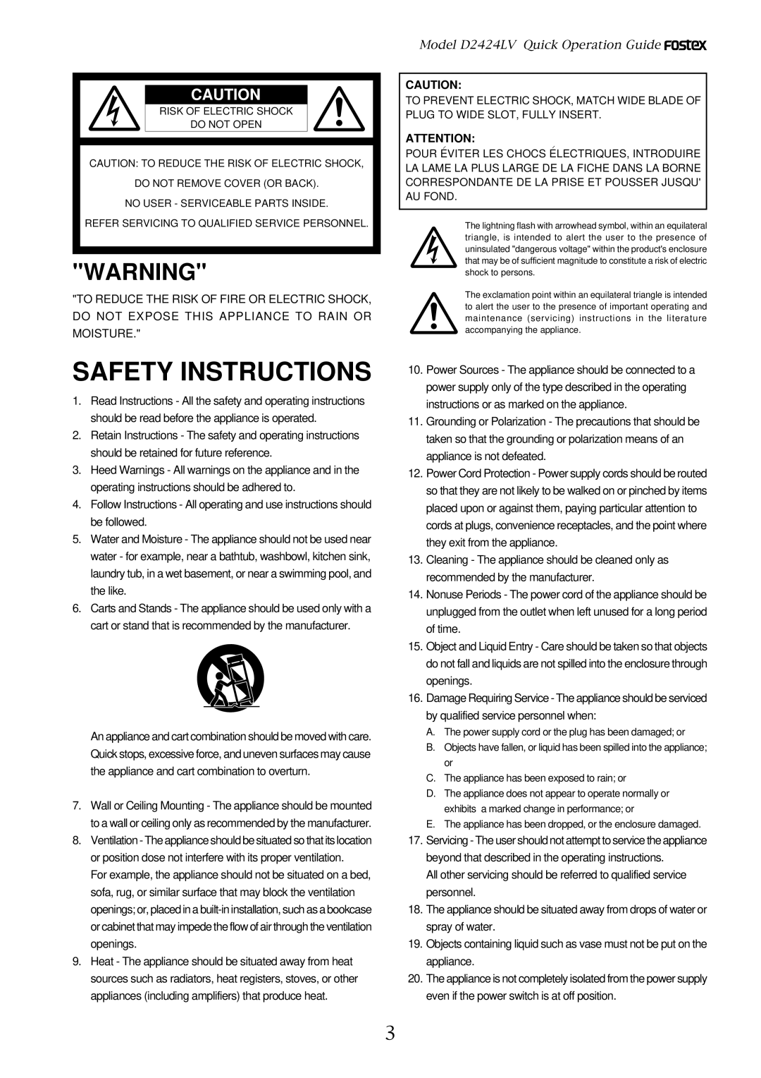 Fostex D2424LV manual Safety Instructions 