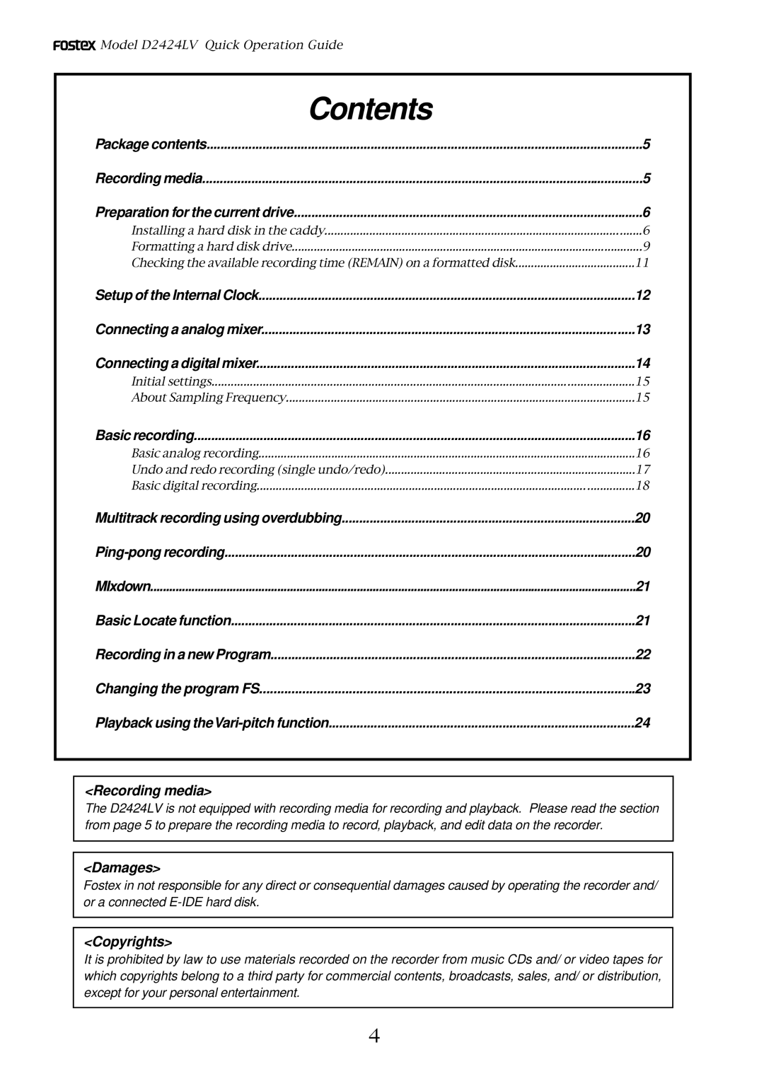 Fostex D2424LV manual Contents 