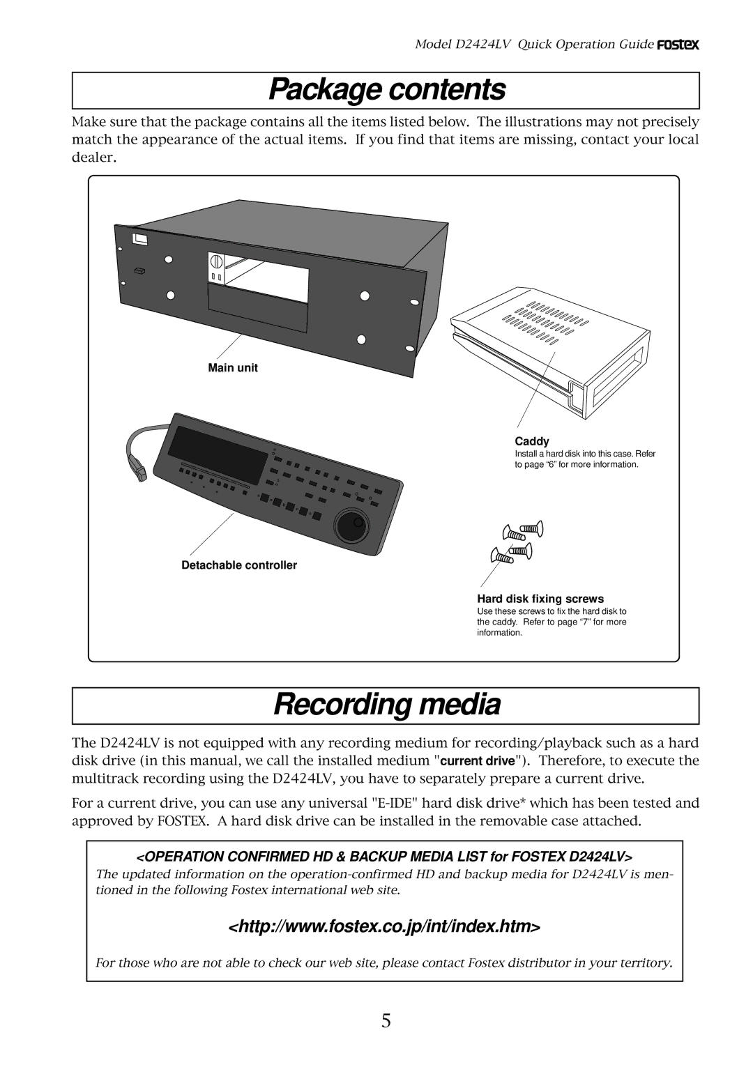 Fostex D2424LV manual Package contents, Recording media 