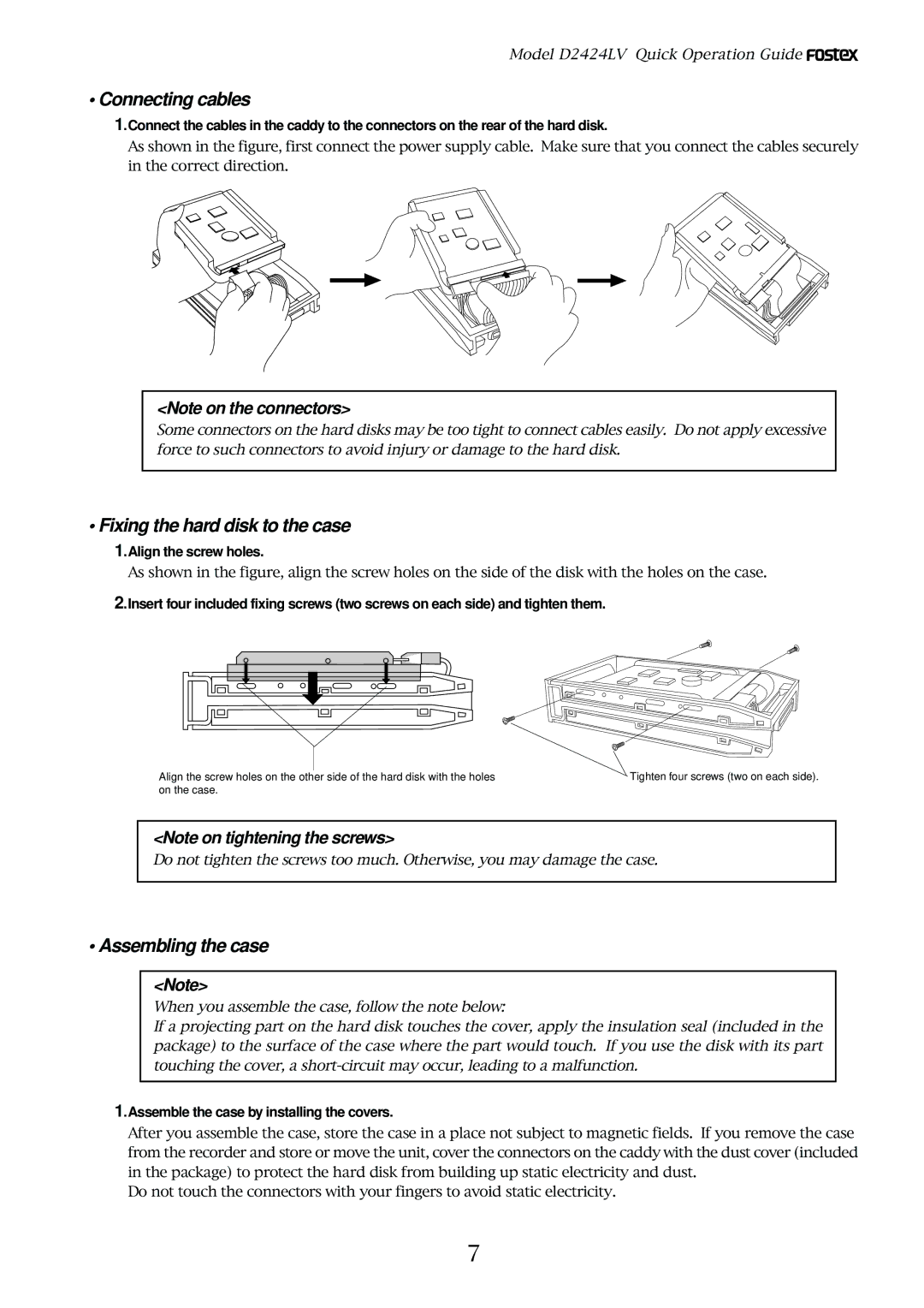 Fostex D2424LV manual Connecting cables, Fixing the hard disk to the case, Assembling the case 