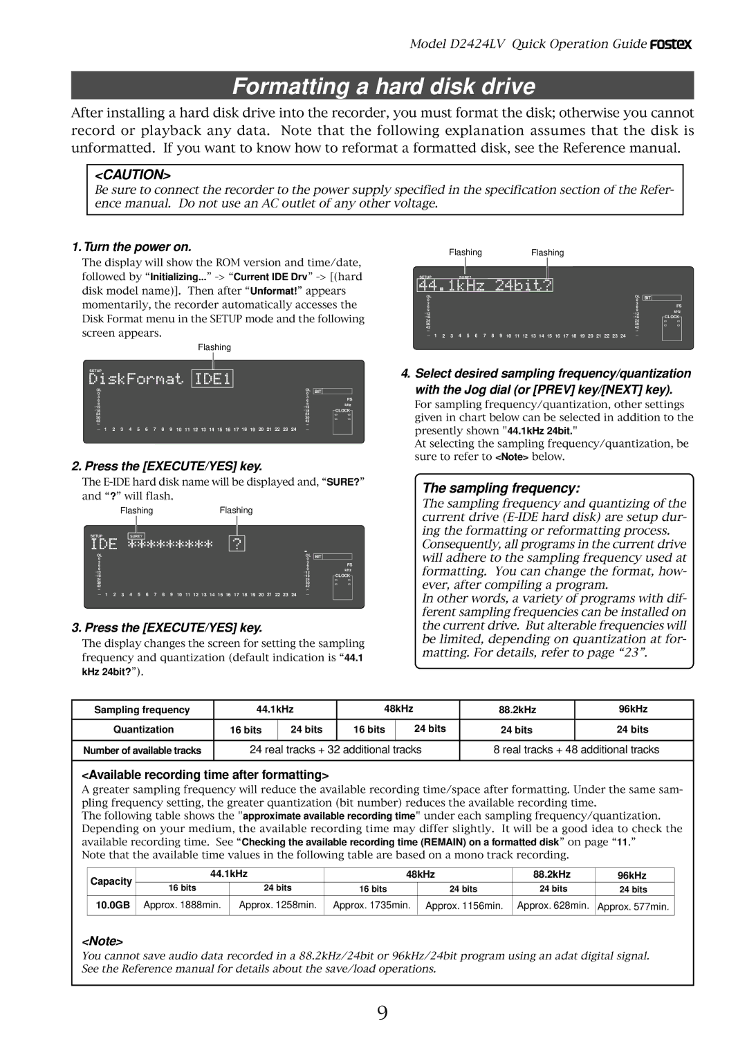 Fostex D2424LV manual Sampling frequency, Turn the power on, Press the EXECUTE/YES key 