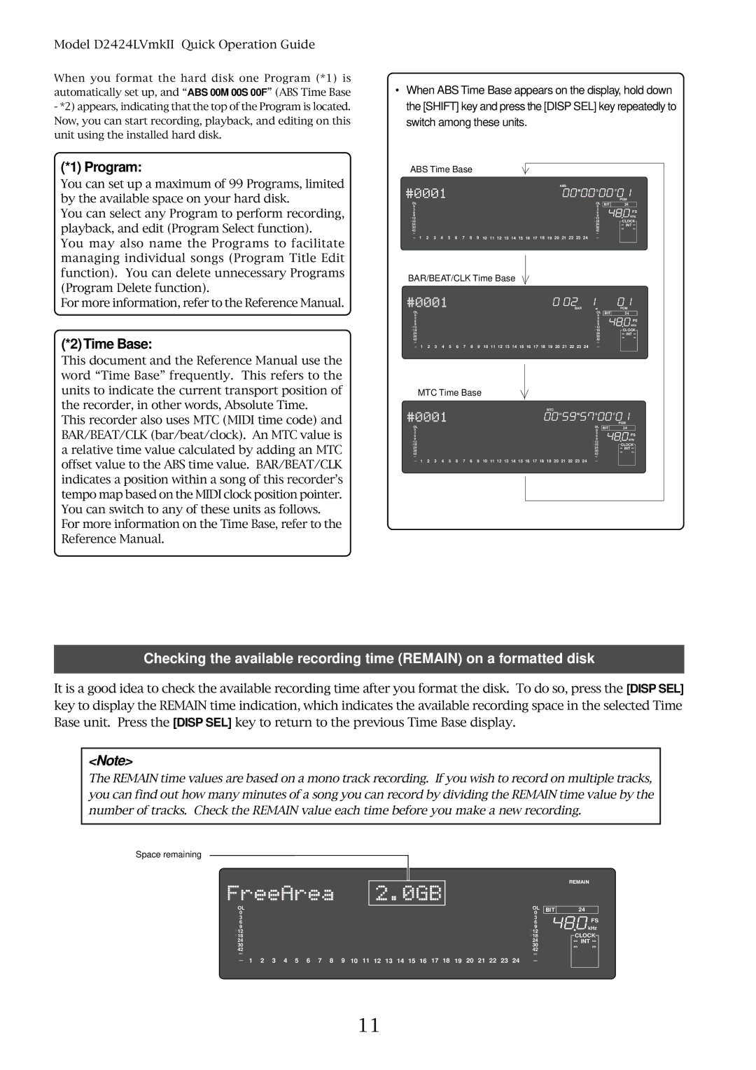 Fostex D2424LVMKII manual Program, Time Base 