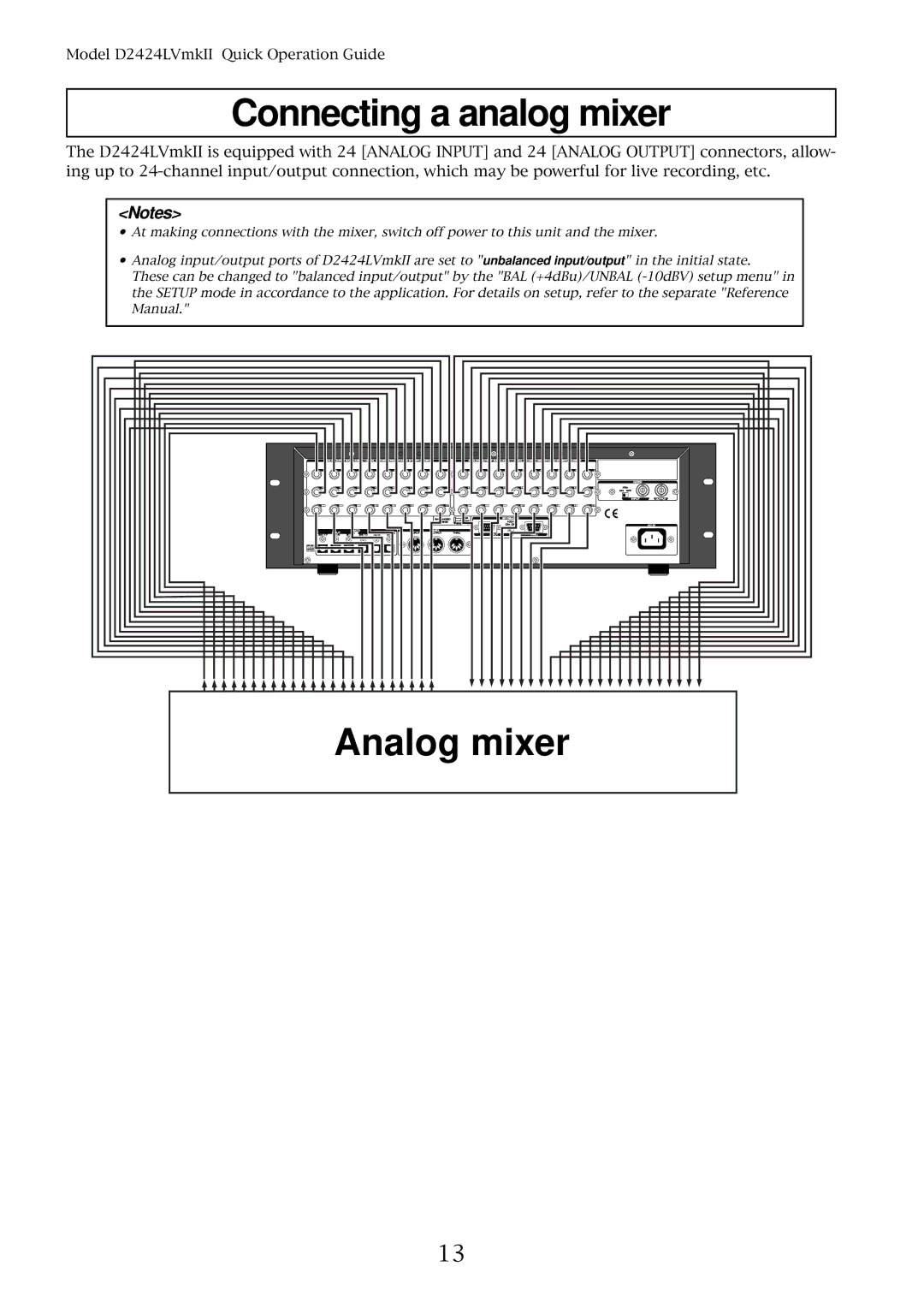 Fostex D2424LVMKII manual Connecting a analog mixer, Analog mixer 