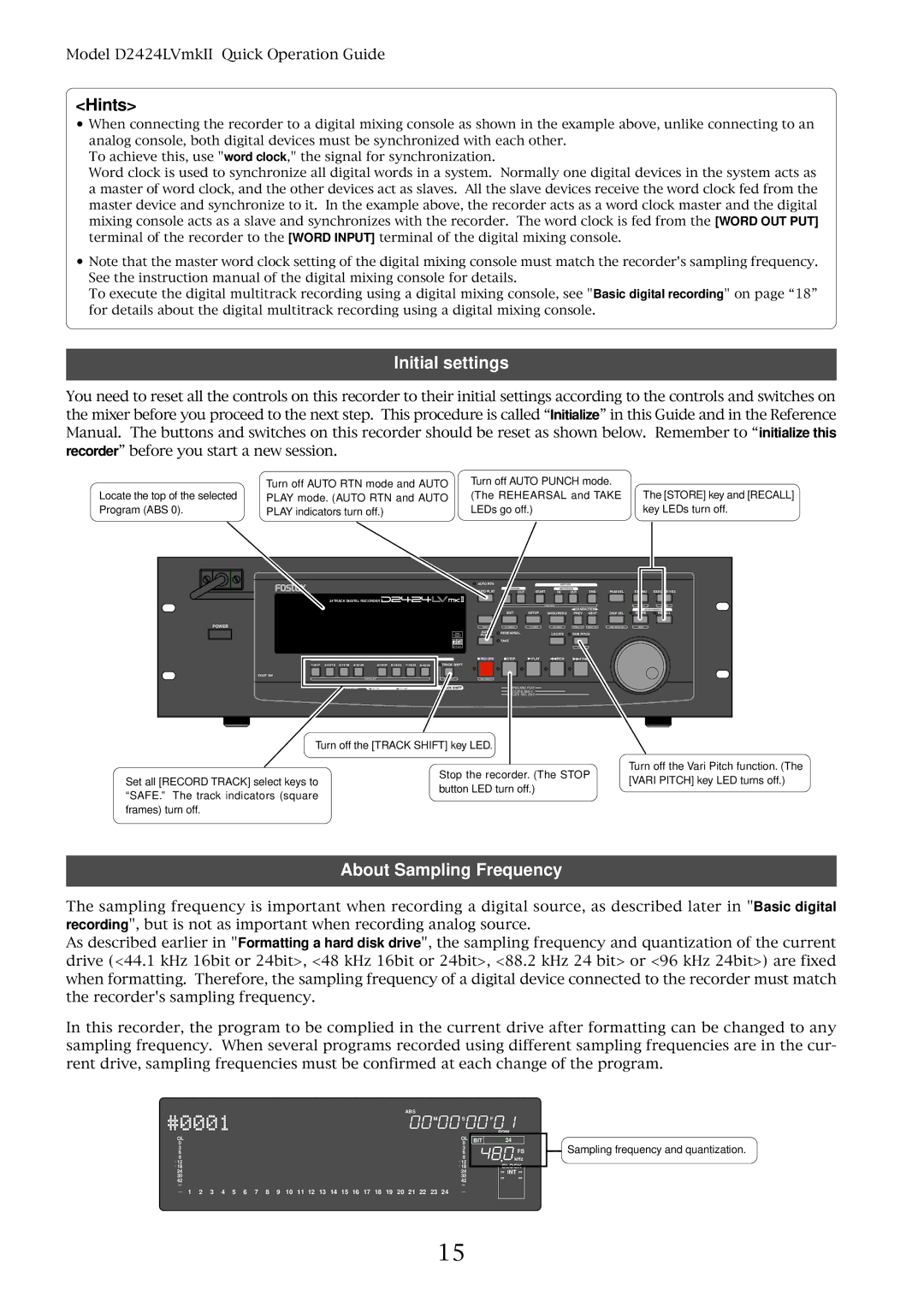 Fostex D2424LVMKII manual Hints, Initial settings, About Sampling Frequency 