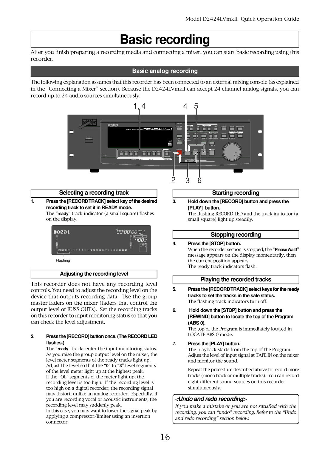 Fostex D2424LVMKII manual Basic recording, Basic analog recording 