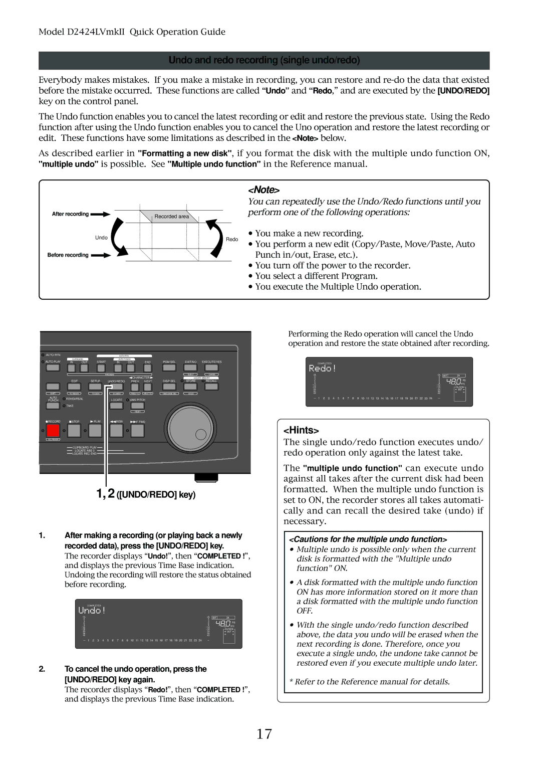 Fostex D2424LVMKII Undo and redo recording single undo/redo, To cancel the undo operation, press the UNDO/REDO key again 