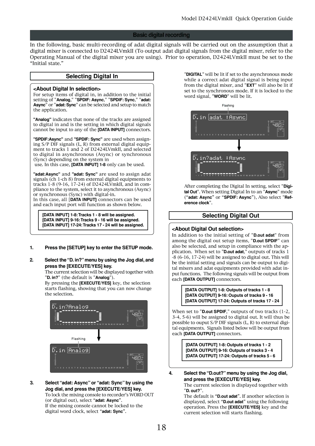 Fostex D2424LVMKII manual Basic digital recording, Selecting Digital Out, About Digital In selection 