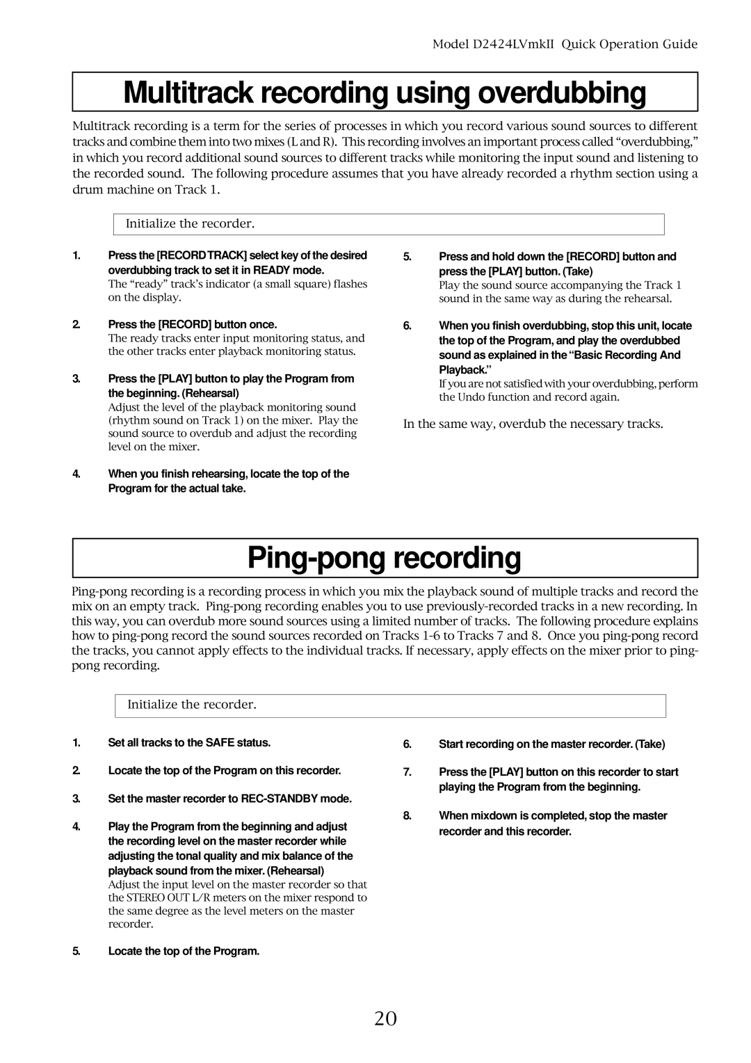 Fostex D2424LVMKII manual Multitrack recording using overdubbing, Ping-pong recording 