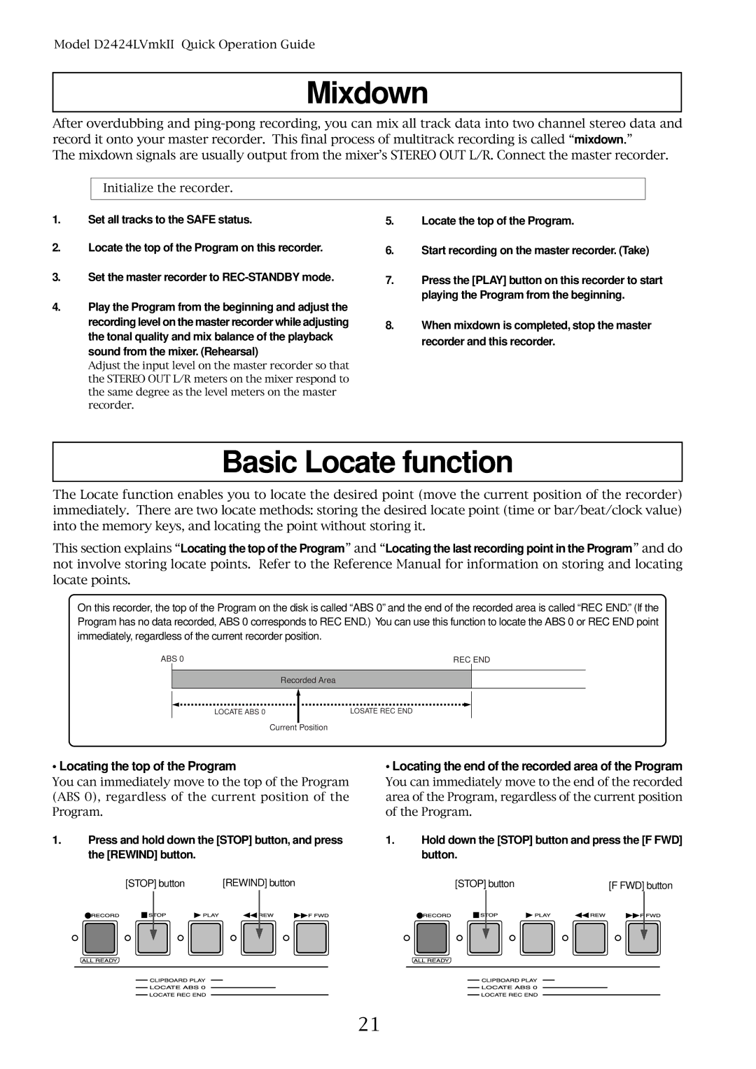 Fostex D2424LVMKII manual Mixdown, Basic Locate function, Locating the top of the Program 