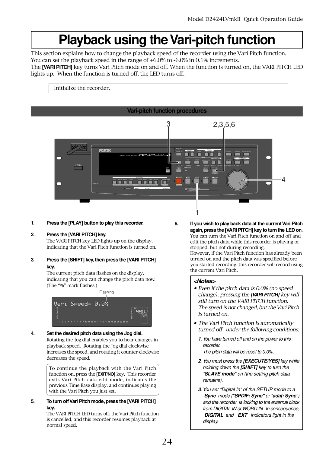 Fostex D2424LVMKII manual Playback using the Vari-pitch function, Vari-pitch function procedures, Key 