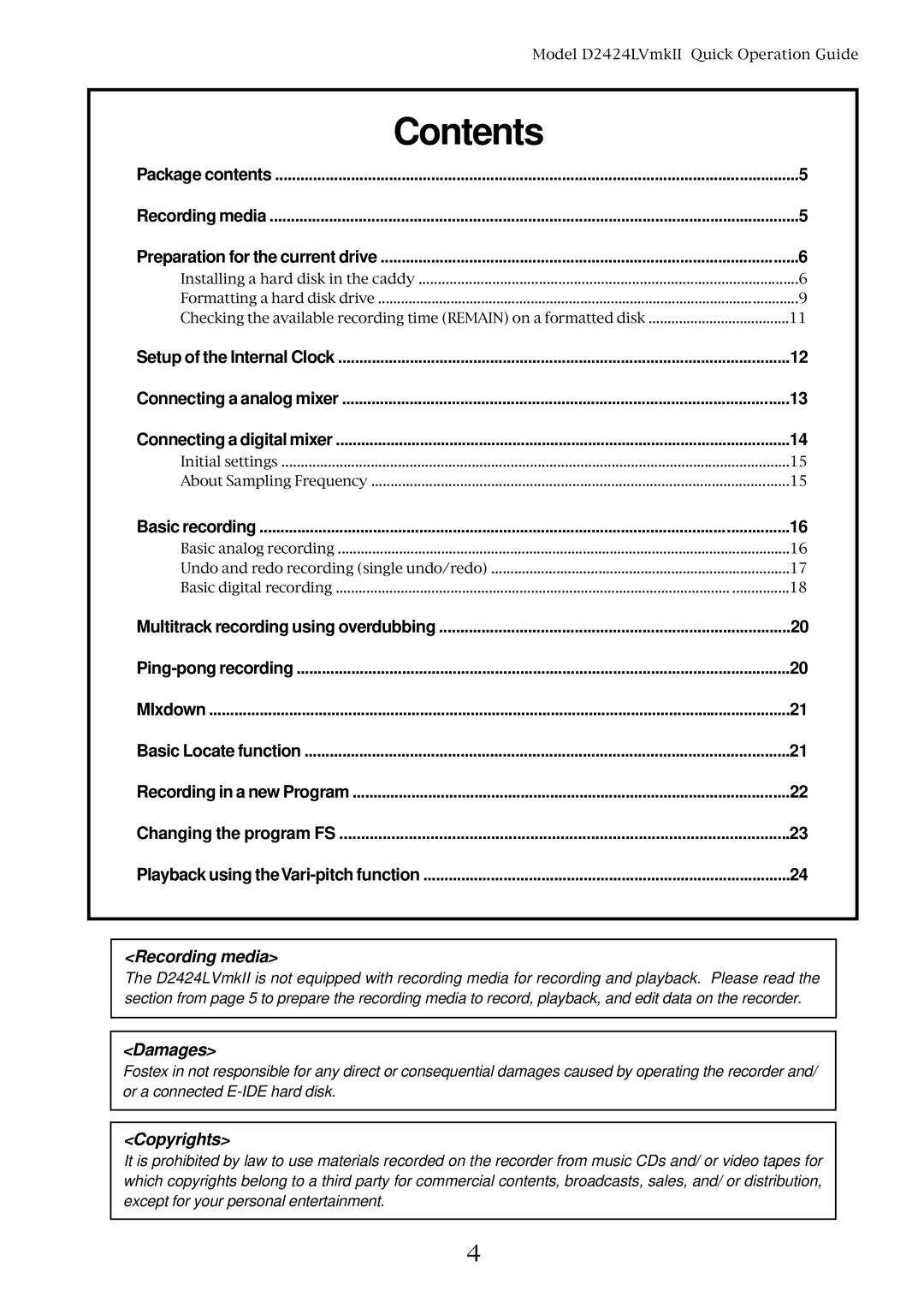 Fostex D2424LVMKII manual Contents 