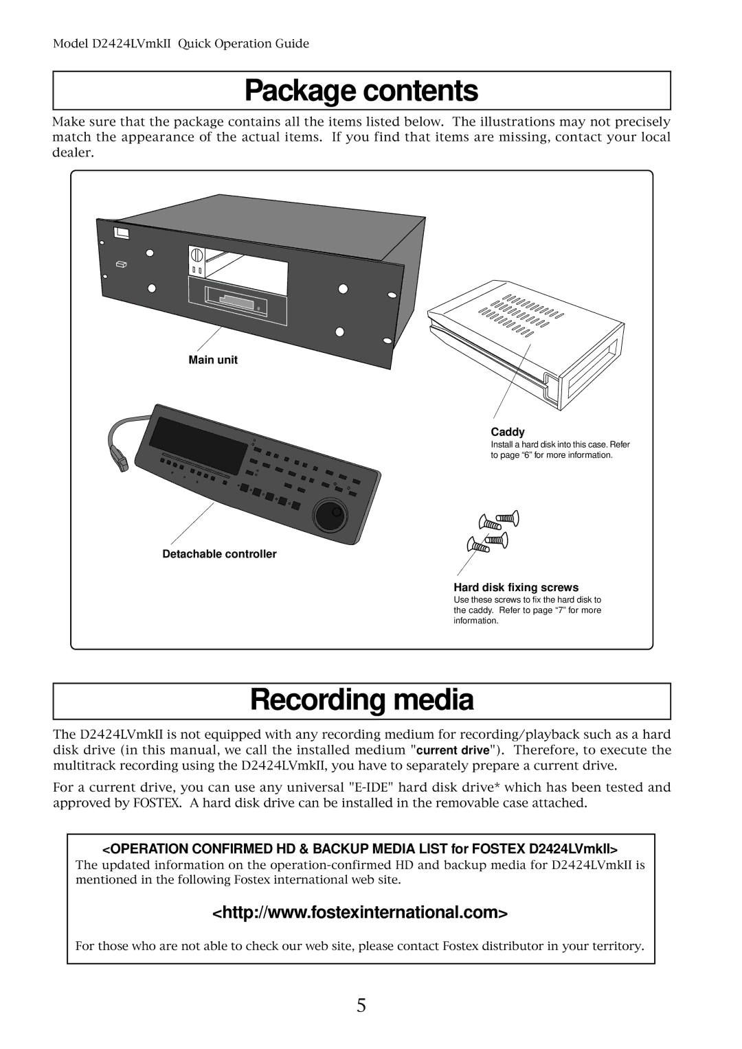 Fostex D2424LVMKII manual Package contents, Recording media 