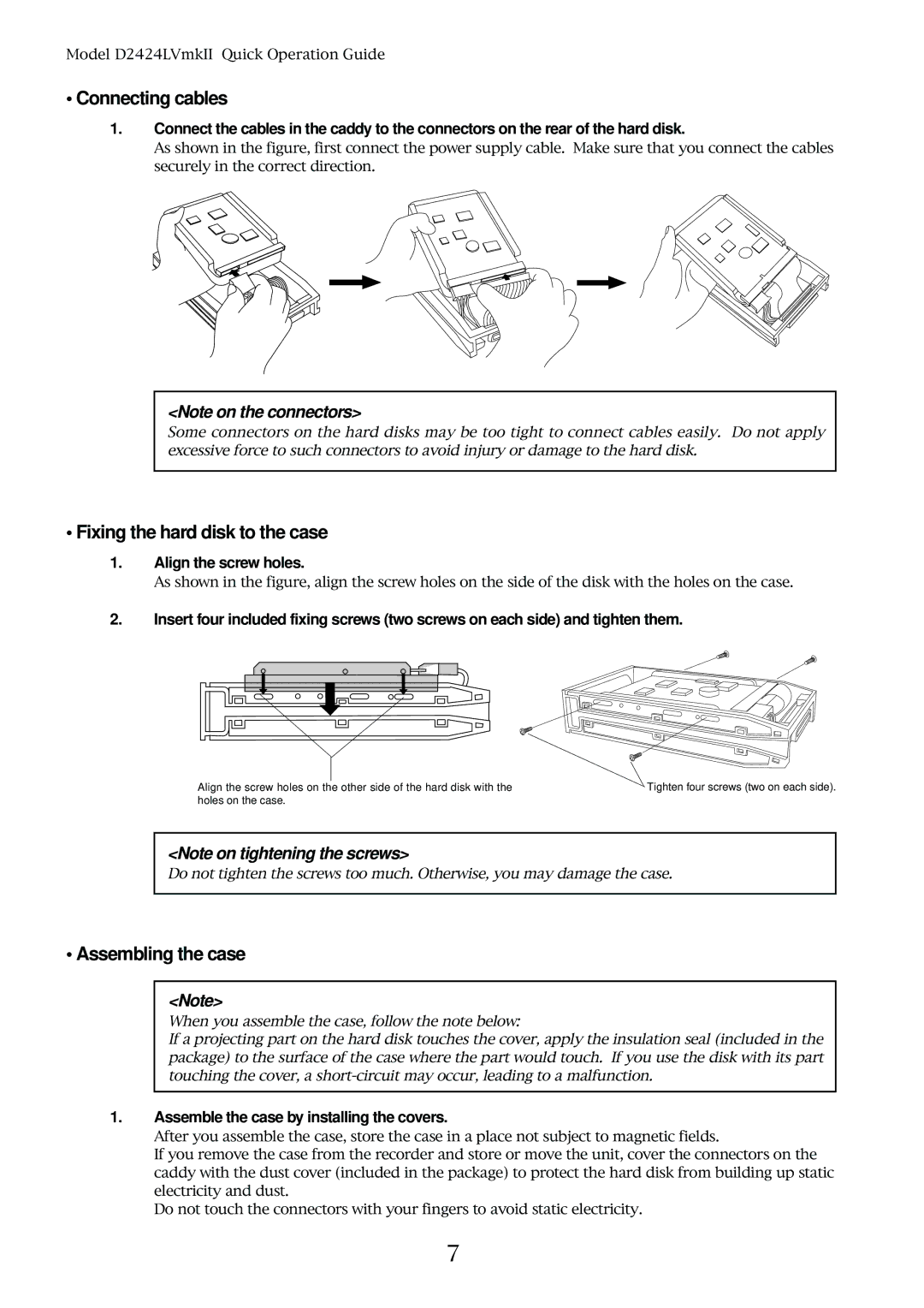 Fostex D2424LVMKII manual Connecting cables, Fixing the hard disk to the case, Assembling the case, Align the screw holes 