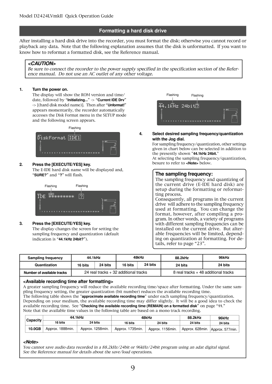 Fostex D2424LVMKII manual Formatting a hard disk drive, Sampling frequency, Available recording time after formatting 