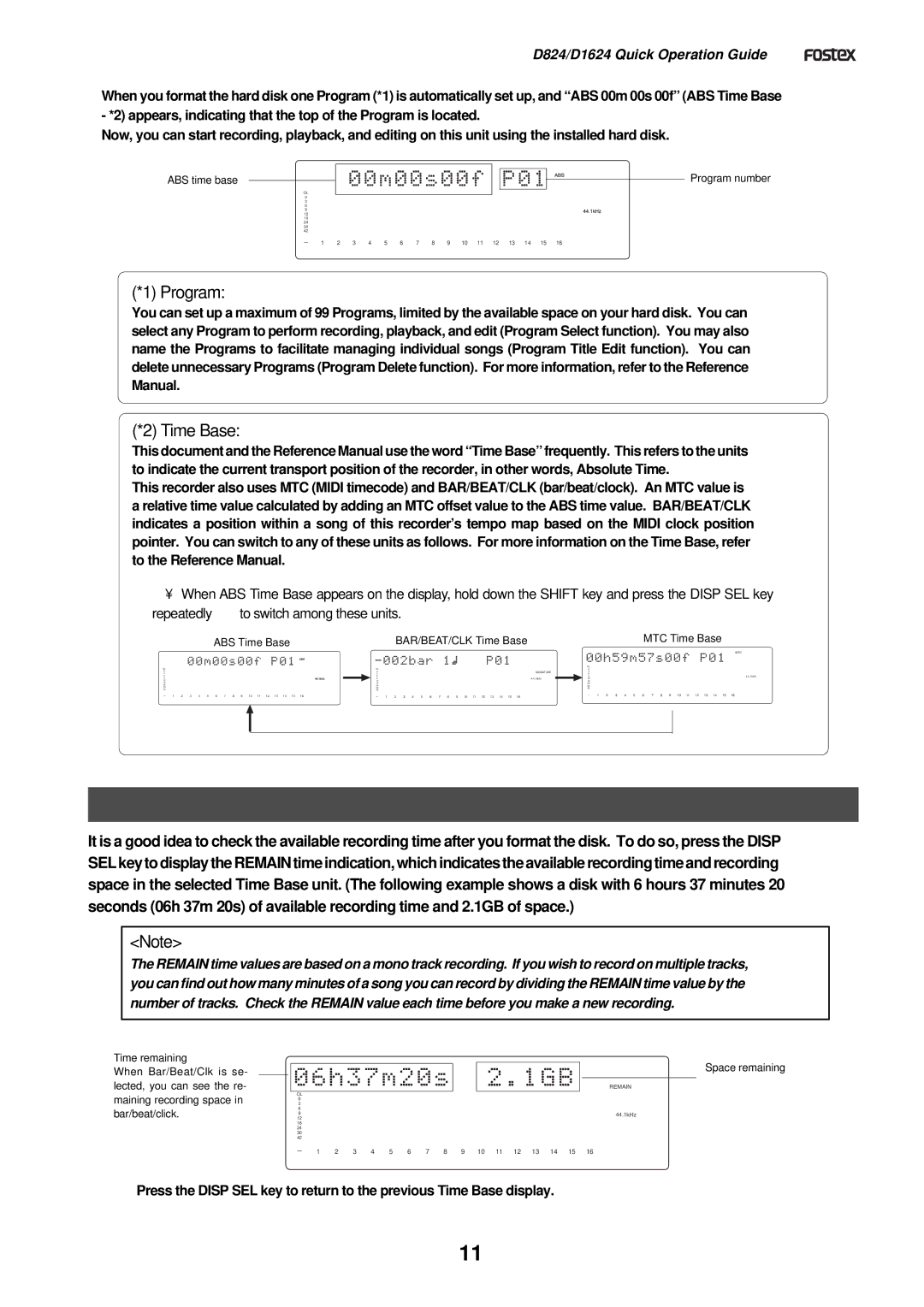 Fostex D1624, D824 manual Program, Time Base 
