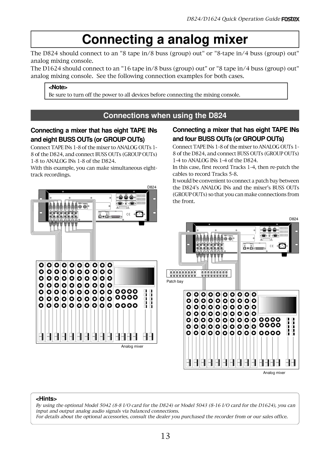 Fostex D1624 manual Connecting a analog mixer, Connections when using the D824, Hints 