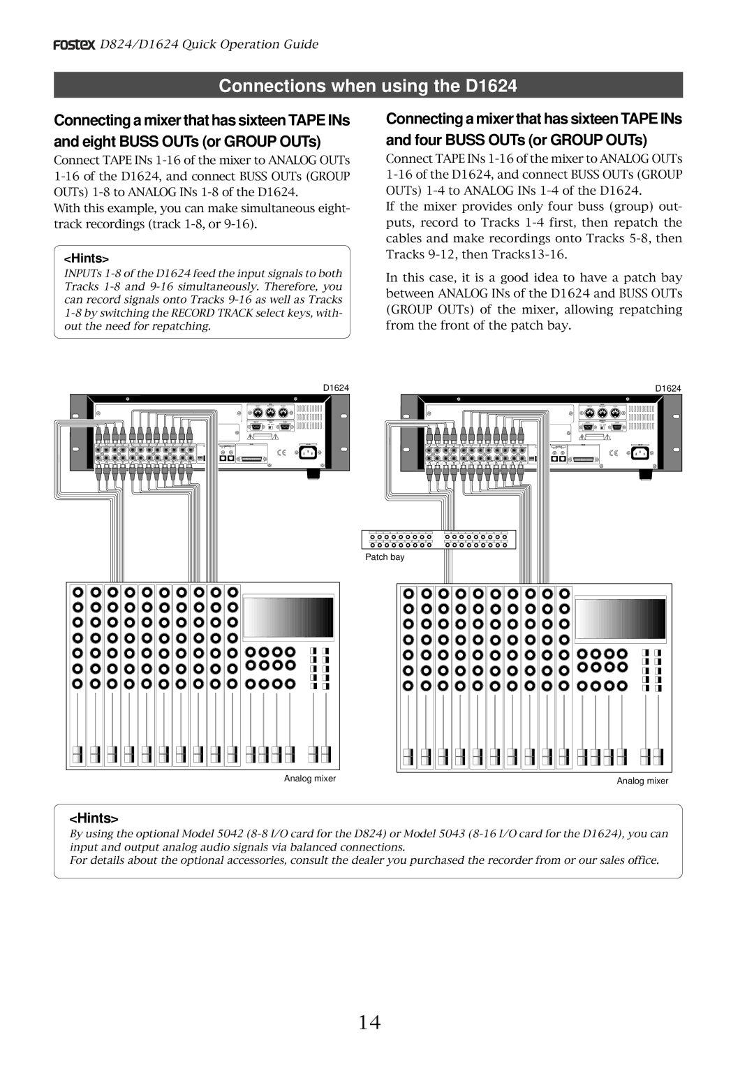 Fostex D824 manual Connections when using the D1624, Hints 