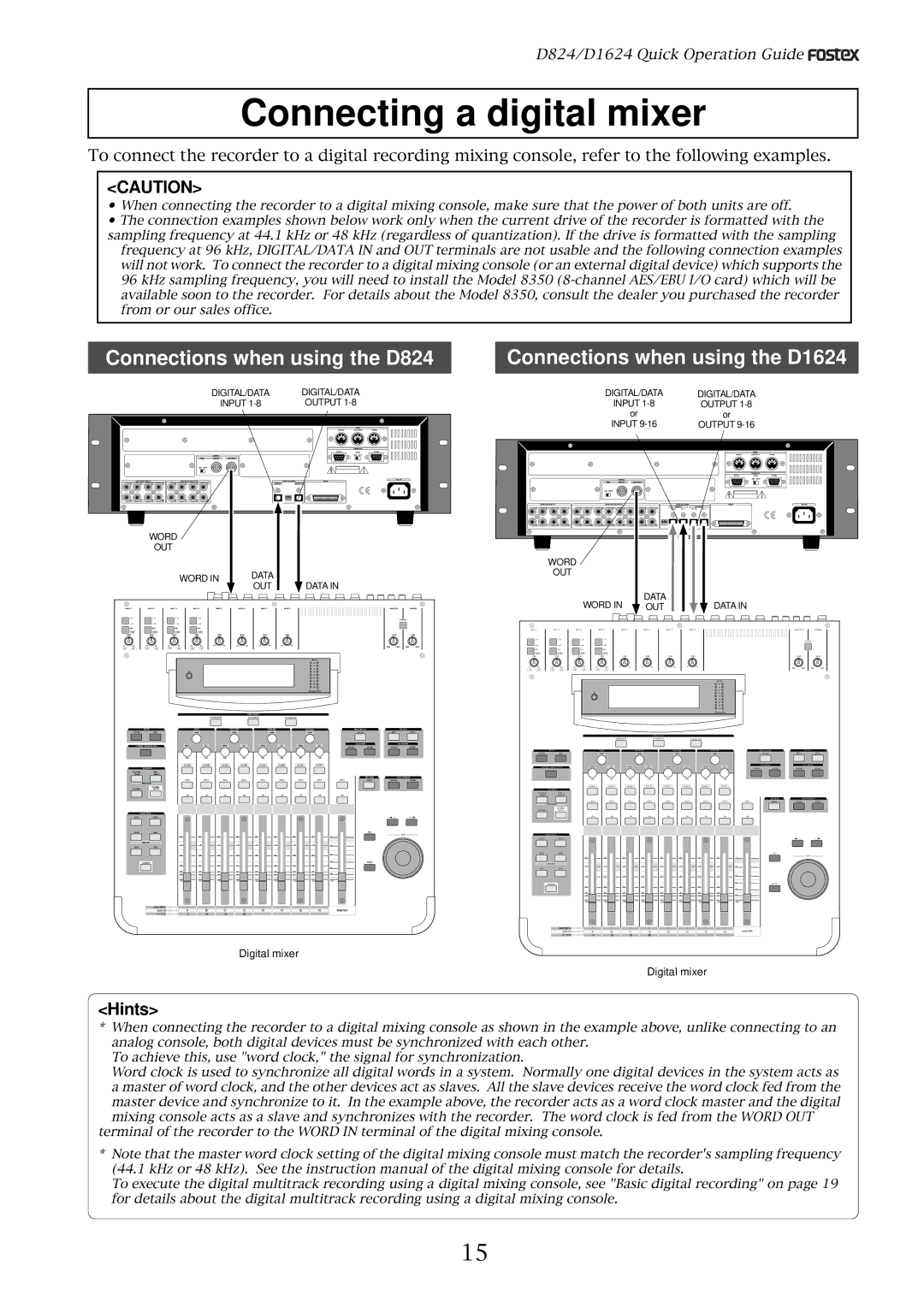 Fostex D824 manual Connecting a digital mixer, Connections when using the D1624 