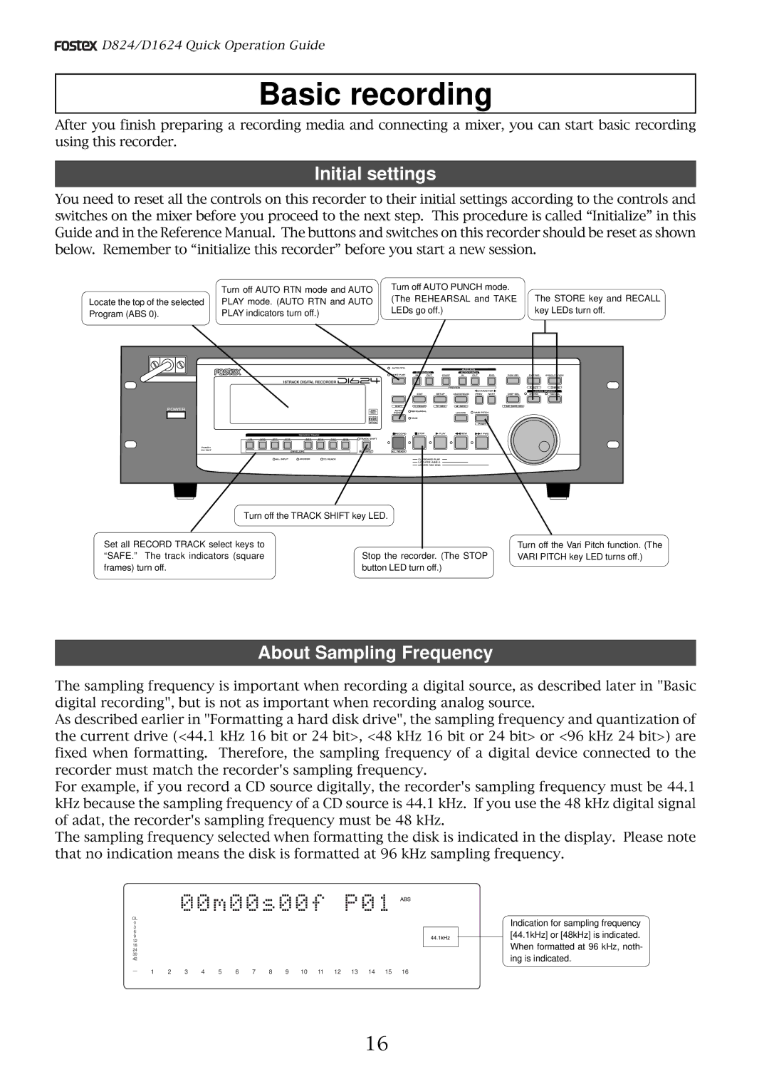 Fostex D824, D1624 manual Basic recording, Initial settings, About Sampling Frequency 