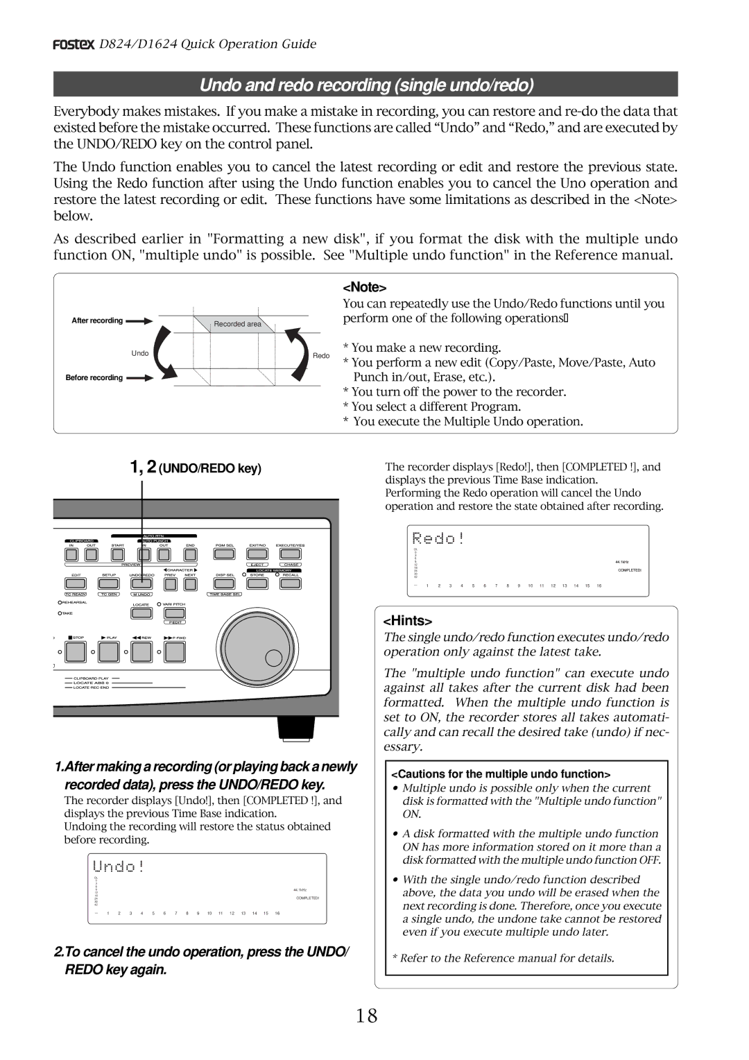 Fostex D824, D1624 manual Undo and redo recording single undo/redo, UNDO/REDO key 