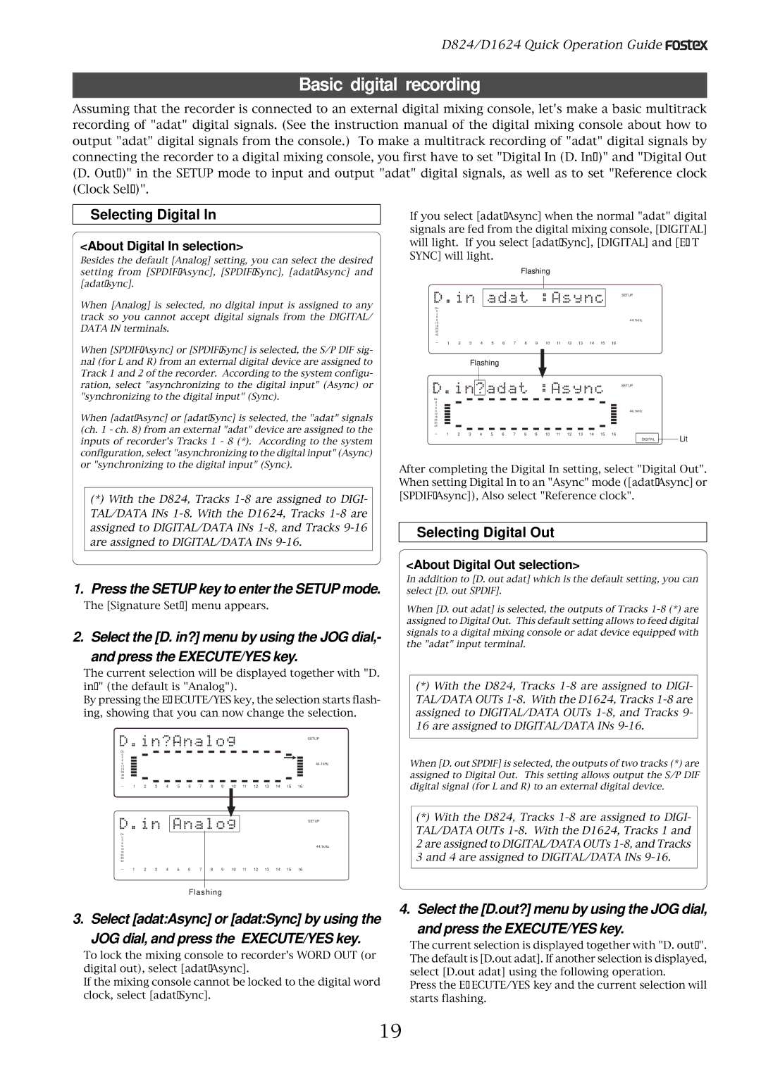 Fostex D1624 Basic digital recording, Selecting Digital Out, About Digital In selection, About Digital Out selection 