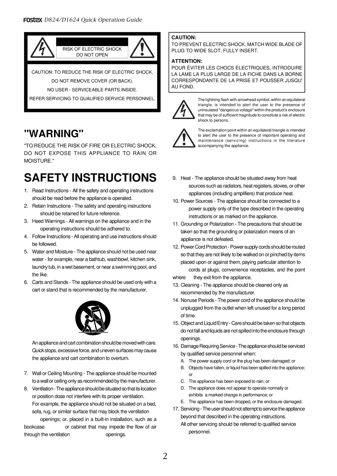 Fostex D824, D1624 manual Safety Instructions 