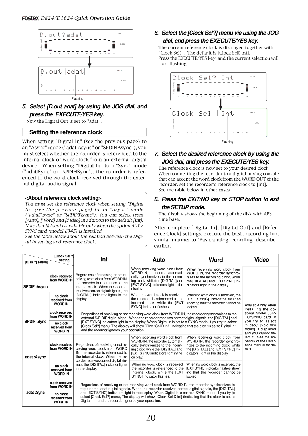 Fostex D824, D1624 manual Int Auto Word Video, Setting the reference clock, About reference clock setting 