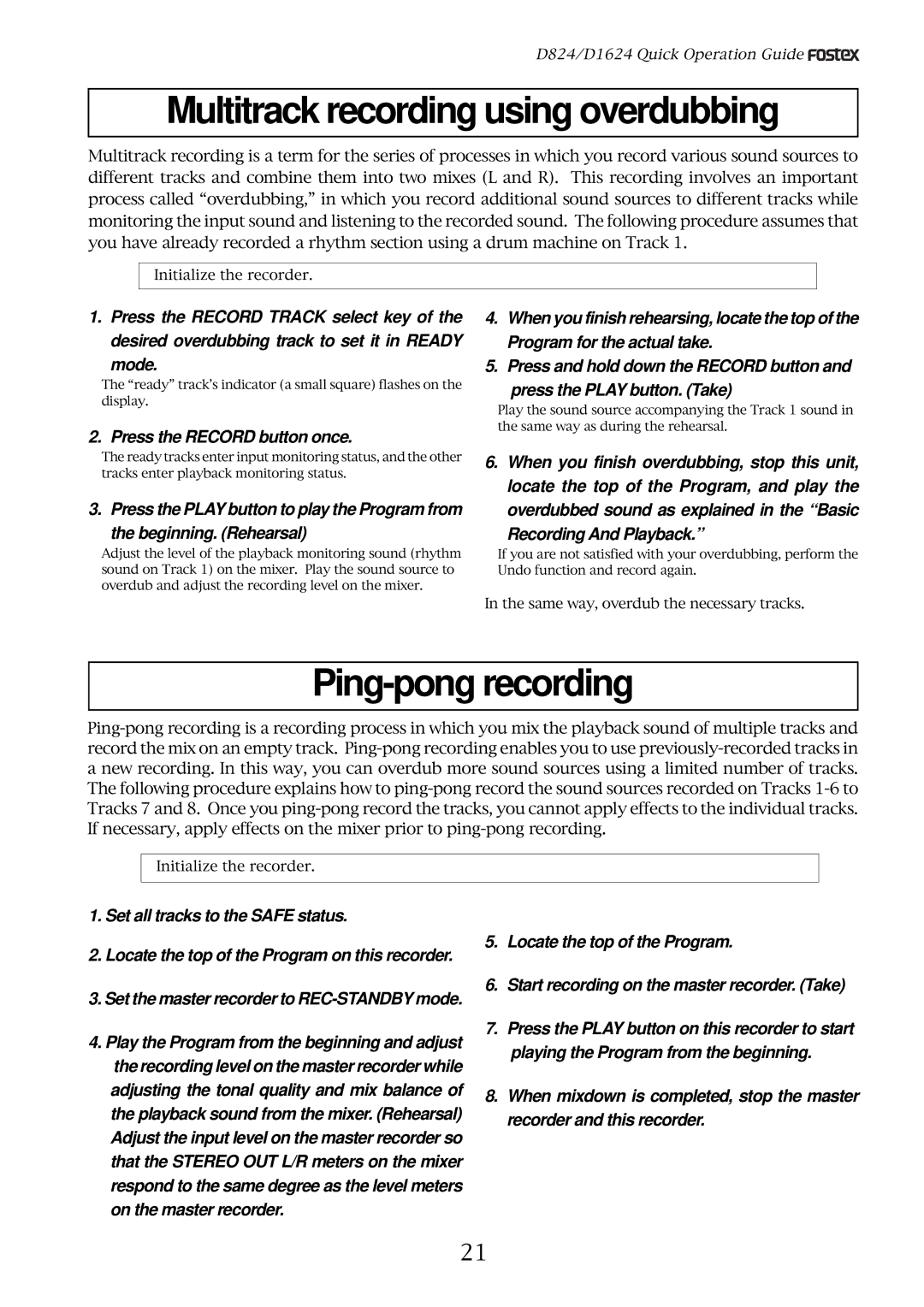 Fostex D1624, D824 manual Multitrack recording using overdubbing, Ping-pong recording 