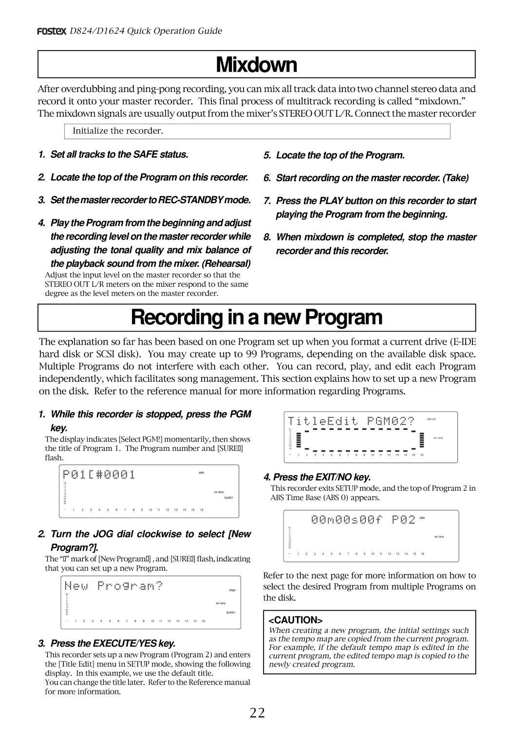 Fostex D824, D1624 manual Mixdown, Recording in a new Program 