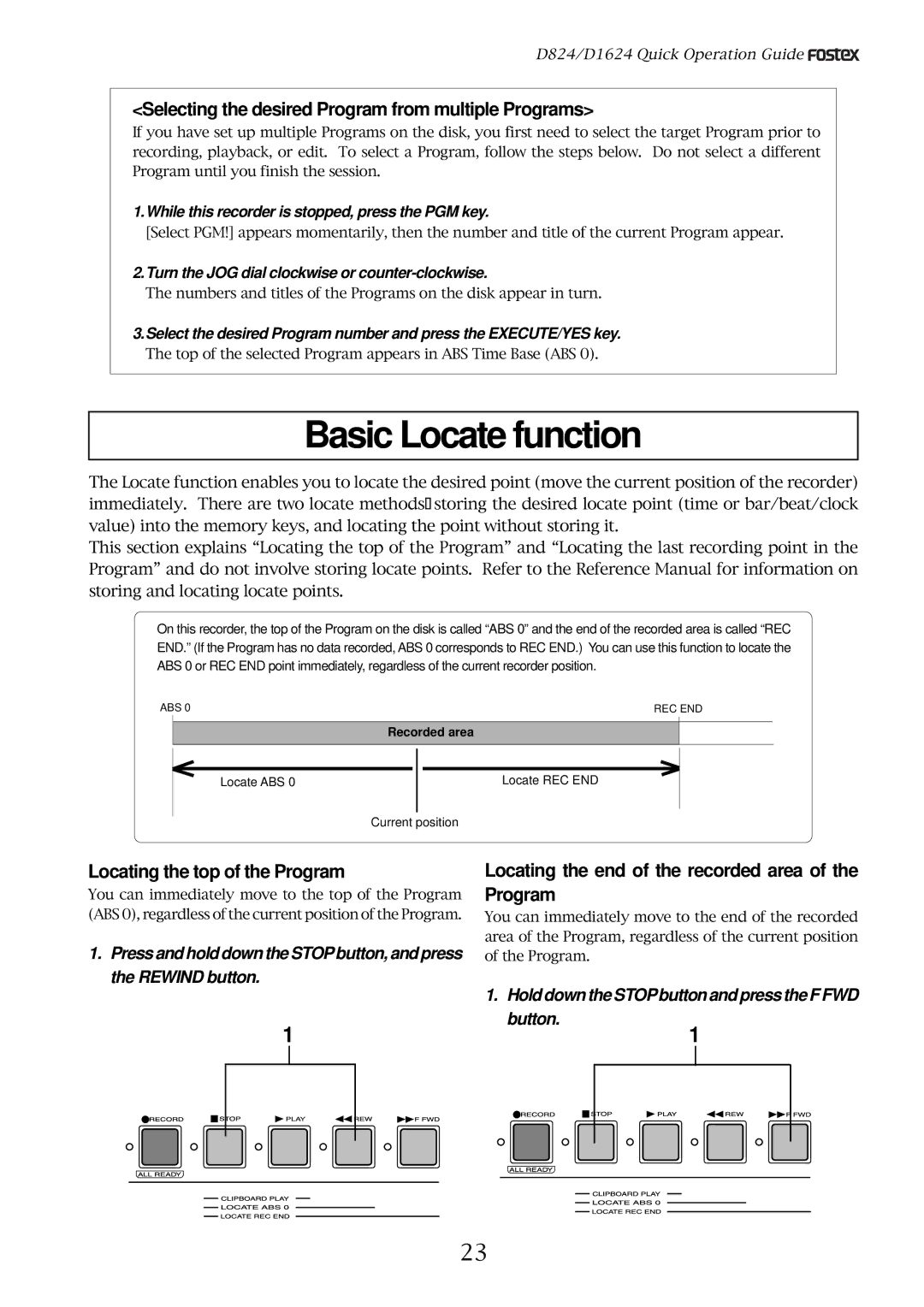 Fostex D1624 Basic Locate function, Selecting the desired Program from multiple Programs, Locating the top of the Program 