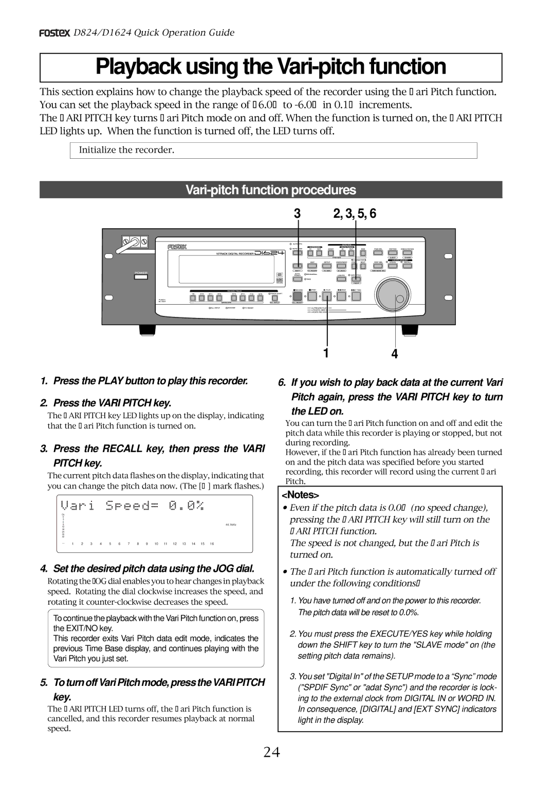 Fostex D824, D1624 manual Playback using the Vari-pitch function, Vari-pitch function procedures 