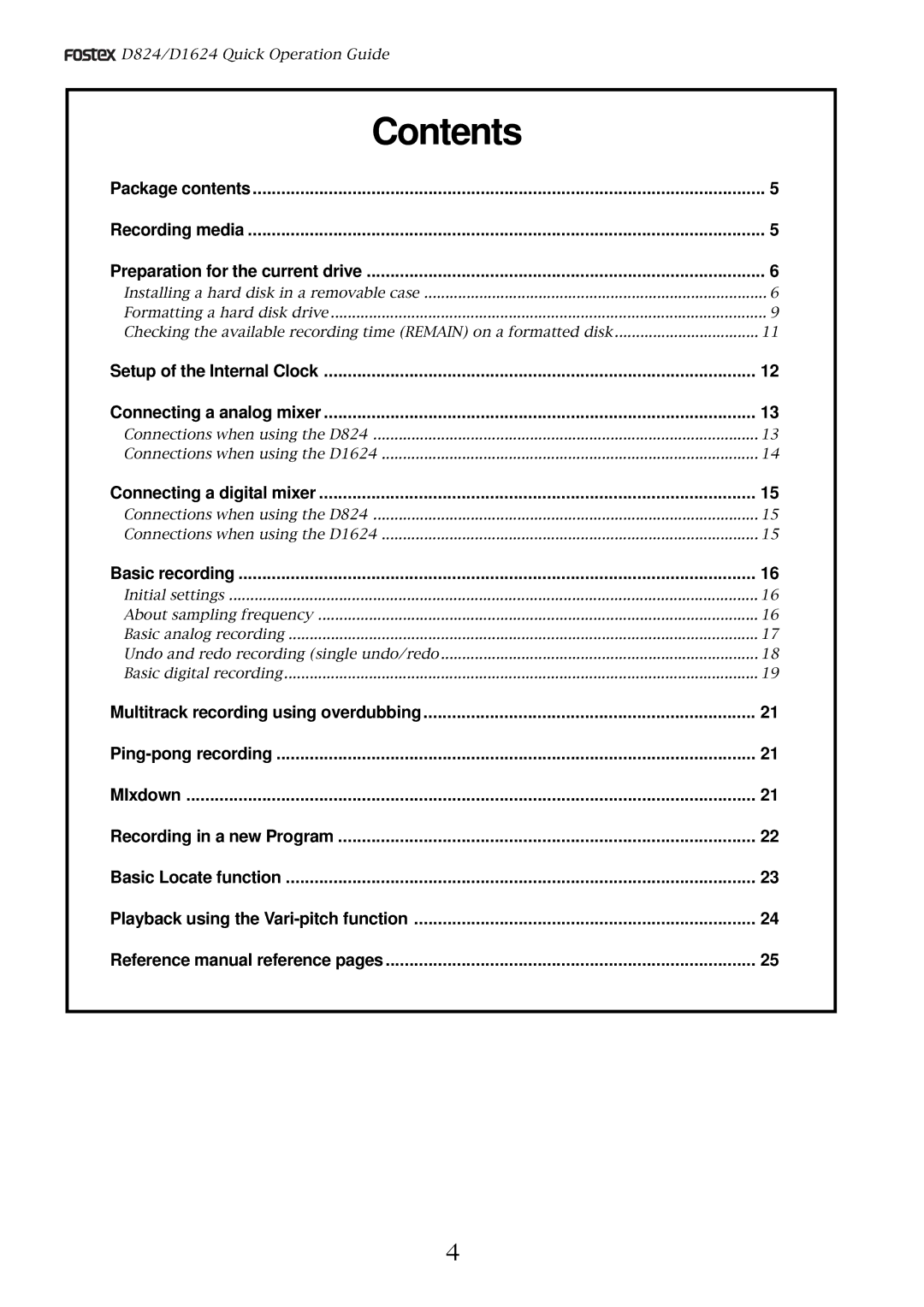 Fostex D824, D1624 manual Contents 