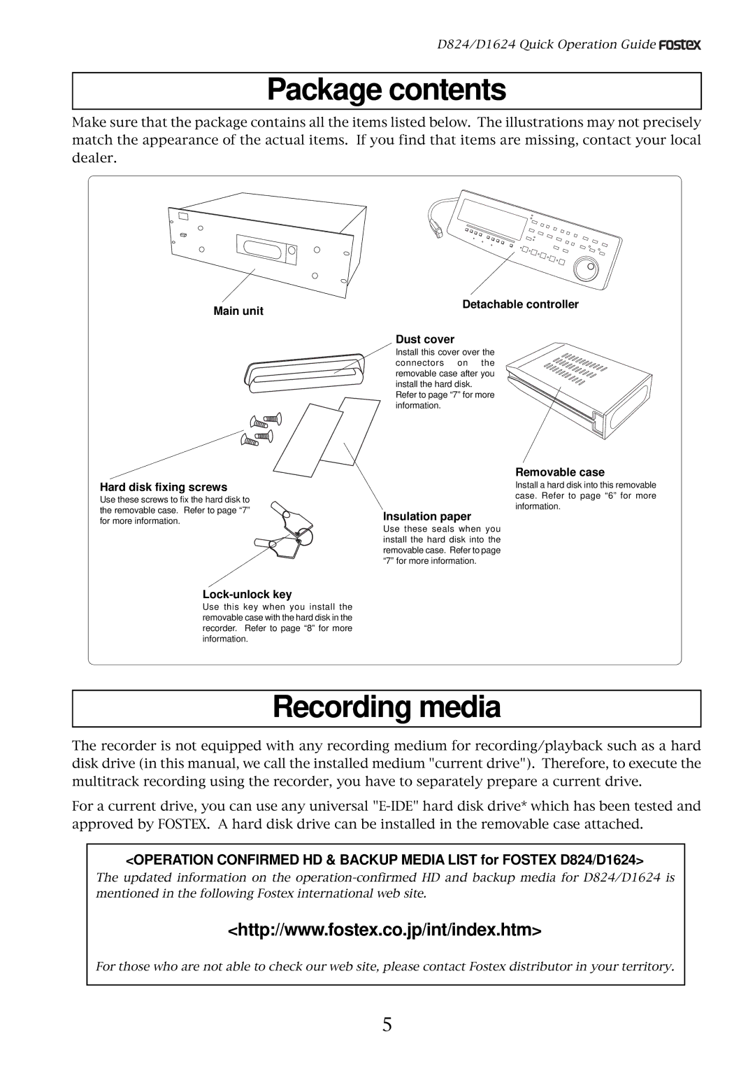 Fostex D1624, D824 manual Package contents, Recording media 