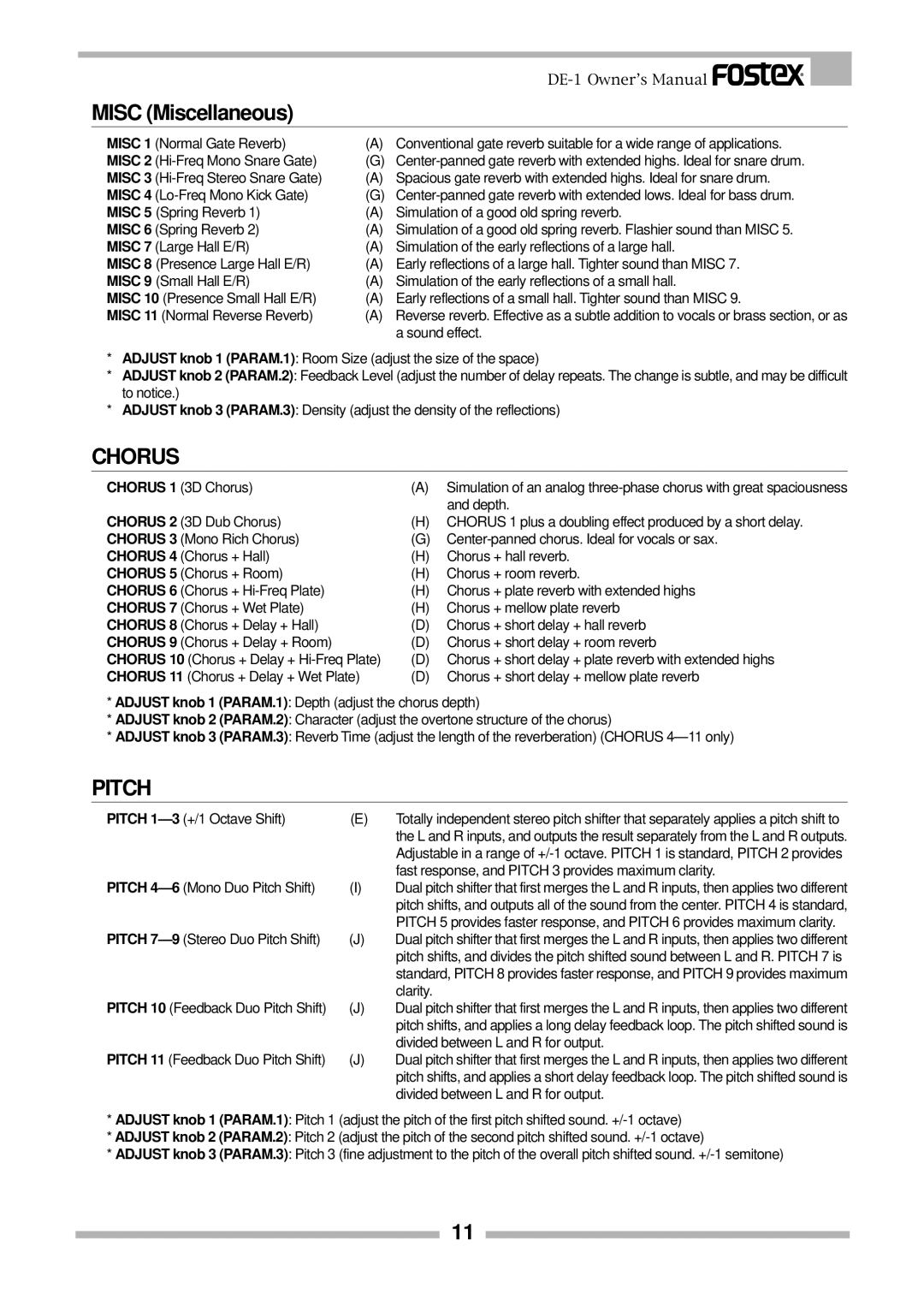 Fostex DE-1 owner manual Sound effect, Chorus 1 3D Chorus, Depth, Chorus + Wet Plate Chorus + mellow plate reverb, Clarity 